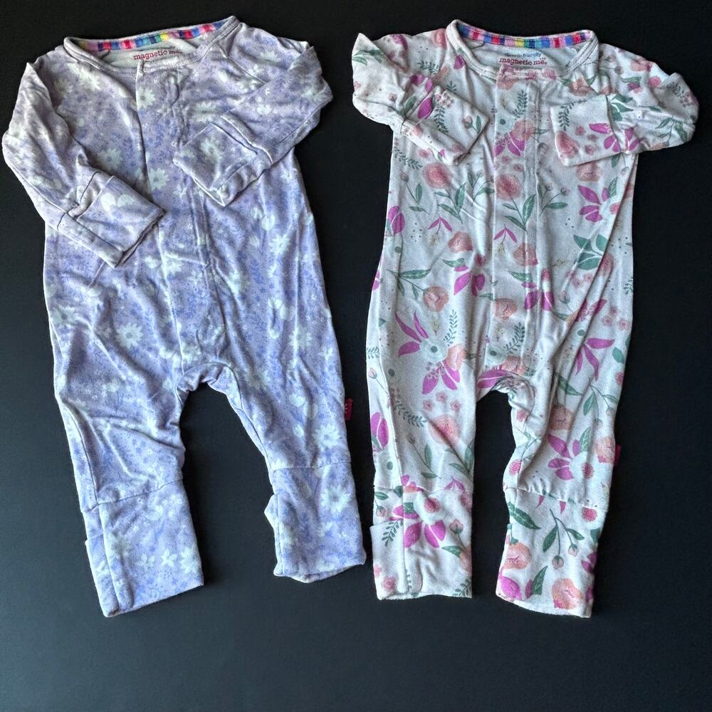 2 Magnetic Me Sleepers NB Newborn Girls Soft & Silky Viscose Pink Purple Floral